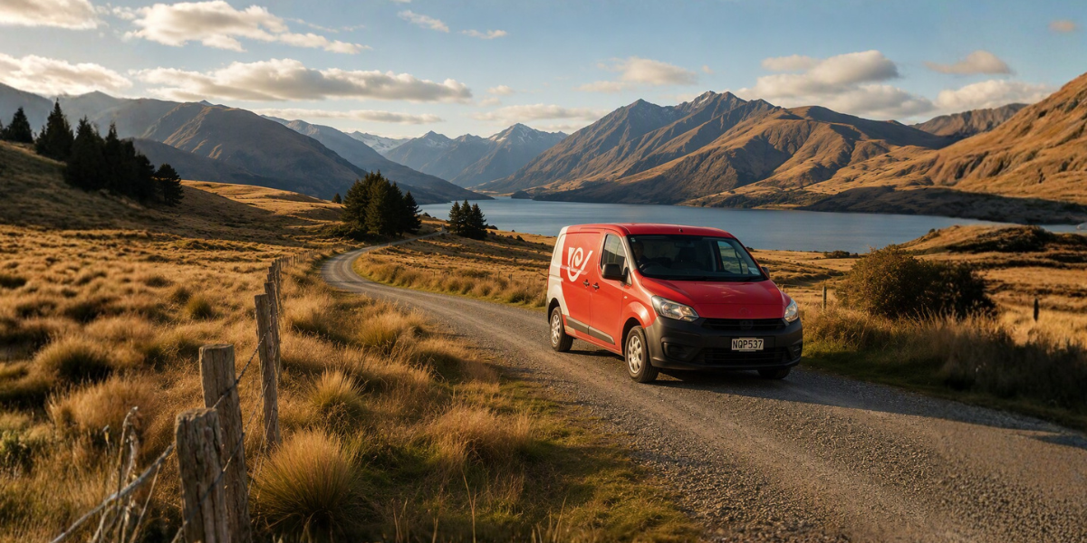 A red NZ Post courier van driving along a rural gravel road in Central Otago, with tussock hills, a lake, and mountains in the background — illustrating rural cherry delivery in New Zealand