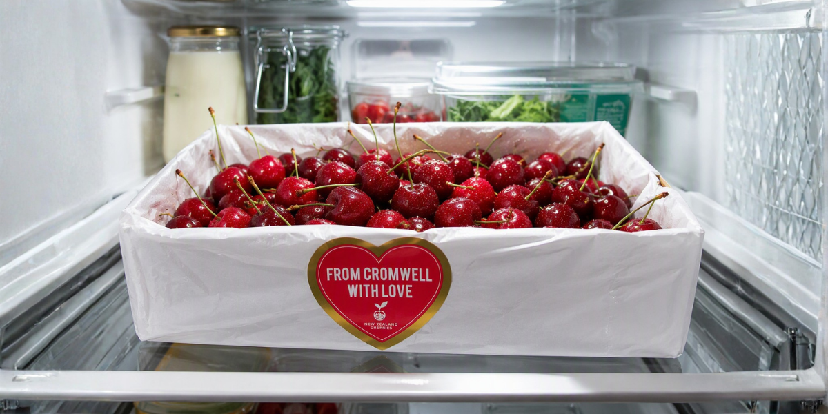 A box of freshly washed Pure Otago Cherries stored in a modern fridge with the From Cromwell With Love heart sticker visible on the front of the box