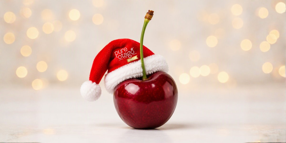 Fresh red Central Otago cherry wearing a Santa Christmas hat, ready for Christmas delivery from Pure Otago Cherries