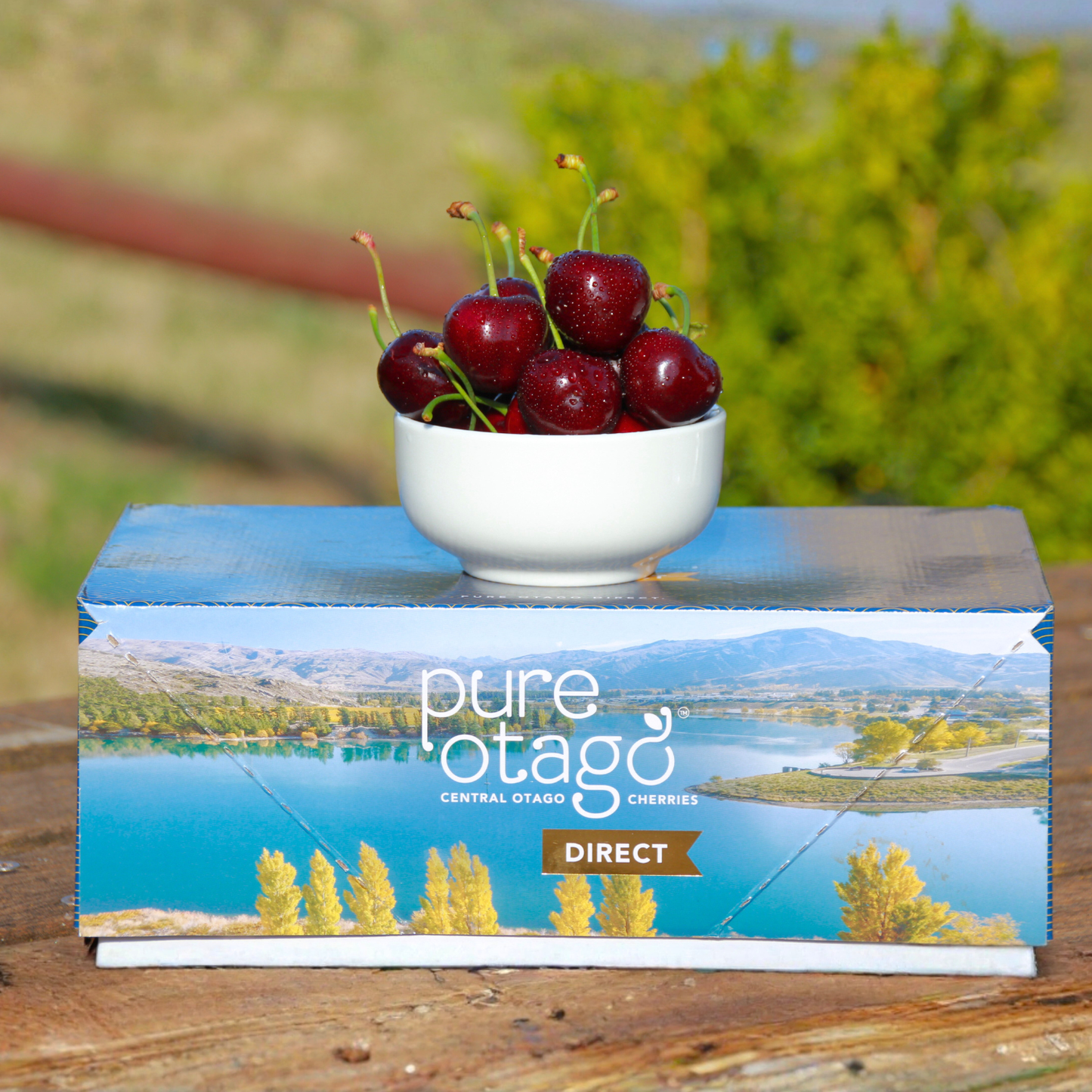 Bowl of cherries on a 'pure otago' box with a scenic background, fresh central otago cherries grown in cromwell orchard, 2kg mixed size cherries